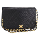 CHANEL Matelasse Single Flap Chain Bag Lamb Skin Black Gold CC Auth 188478-1