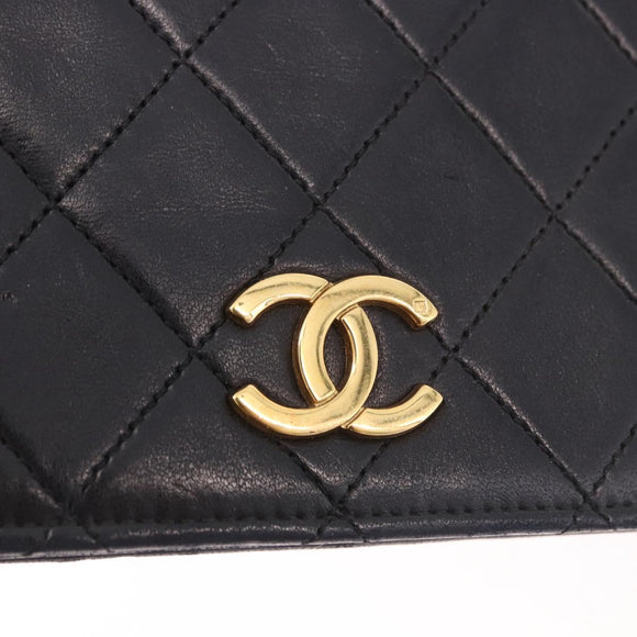 CHANEL Matelasse Single Flap Chain Bag Lamb Skin Black Gold CC Auth 188478