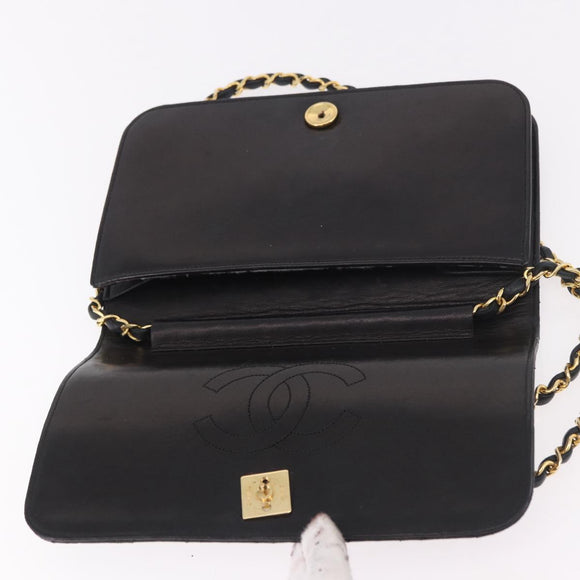 CHANEL Matelasse Single Flap Chain Bag Lamb Skin Black Gold CC Auth 188478