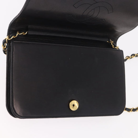 CHANEL Matelasse Single Flap Chain Bag Lamb Skin Black Gold CC Auth 188478