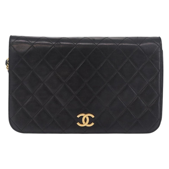 CHANEL Matelasse Single Flap Chain Bag Lamb Skin Black Gold CC Auth 188478