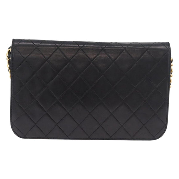 CHANEL Matelasse Single Flap Chain Bag Lamb Skin Black Gold CC Auth 188478