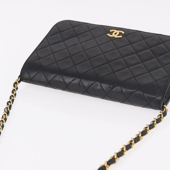 CHANEL Matelasse Single Flap Chain Bag Lamb Skin Black Gold CC Auth 188478
