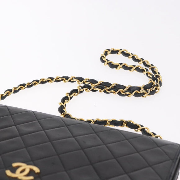 CHANEL Matelasse Single Flap Chain Bag Lamb Skin Black Gold CC Auth 188478