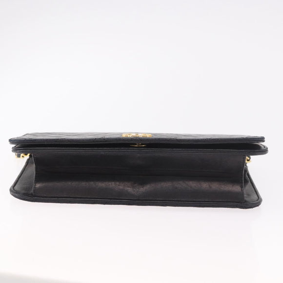 CHANEL Matelasse Single Flap Chain Bag Lamb Skin Black Gold CC Auth 188478