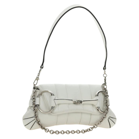 GUCCI Horsebit Shoulder Bag Leather White Silver Auth 188497SAM