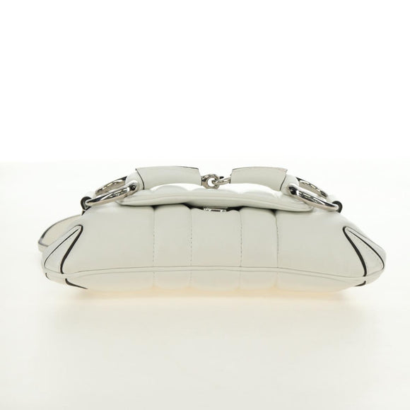 GUCCI Horsebit Shoulder Bag Leather White Silver Auth 188497SAM