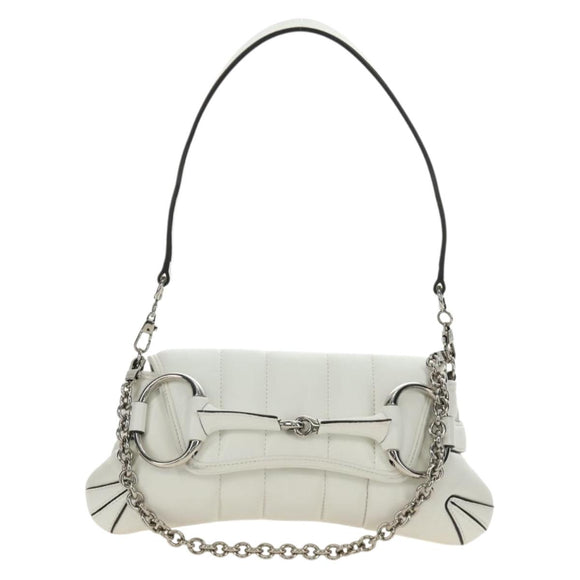 GUCCI Horsebit Shoulder Bag Leather White Silver Auth 188497SAM