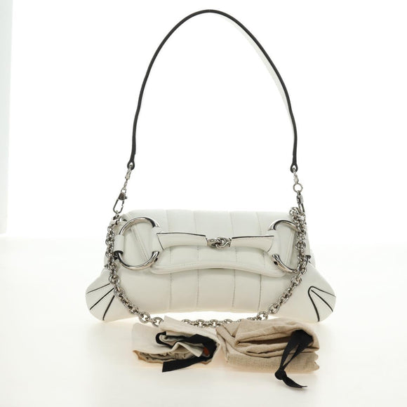GUCCI Horsebit Shoulder Bag Leather White Silver Auth 188497SAM