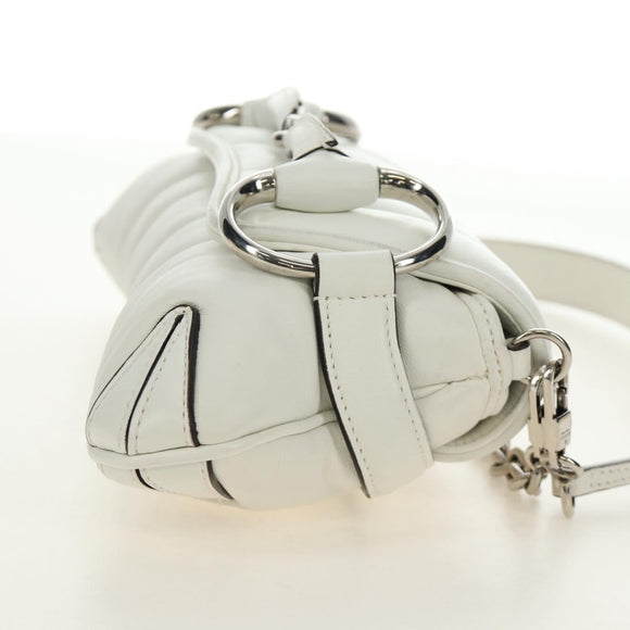 GUCCI Horsebit Shoulder Bag Leather White Silver Auth 188497SAM