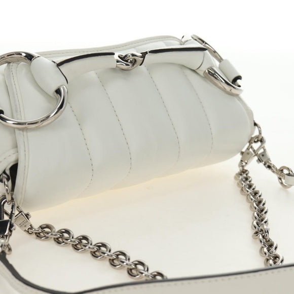 GUCCI Horsebit Shoulder Bag Leather White Silver Auth 188497SAM