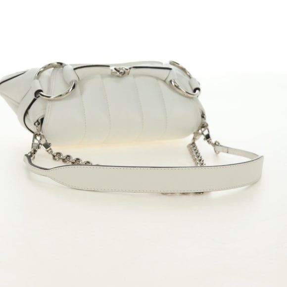 GUCCI Horsebit Shoulder Bag Leather White Silver Auth 188497SAM