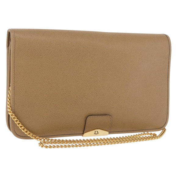 Christian Dior Chain Shoulder Bag Leather Beige Gold Auth 188501