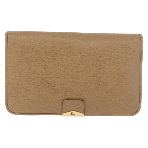 Christian Dior Chain Shoulder Bag Leather Beige Gold Auth 188501