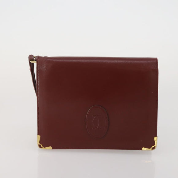 CARTIER Clutch Bag Leather 5 Set Bordeaux Gold Auth 188529