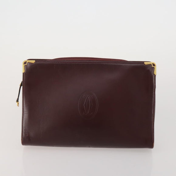 CARTIER Clutch Bag Leather 5 Set Bordeaux Gold Auth 188529