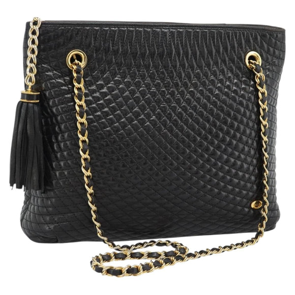 BALLY Chain Shoulder Bag Leather Black Gold Auth 188542