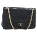 CHANEL Double Flap 25 Matelasse Chain Bag Lamb Skin Navy Gold CC Auth 188549SAV-1