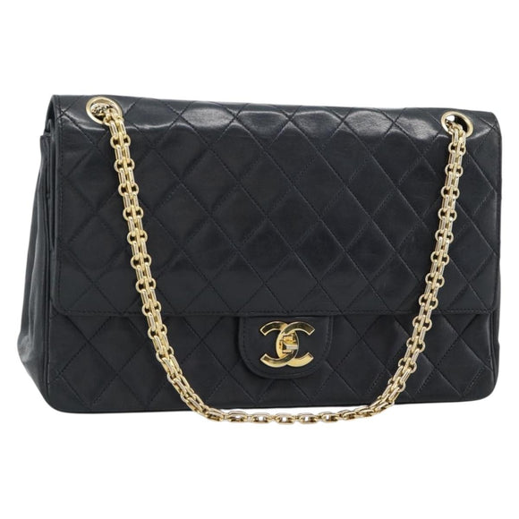 CHANEL Double Flap 25 Matelasse Chain Bag Lamb Skin Navy Gold CC Auth 188549SAV