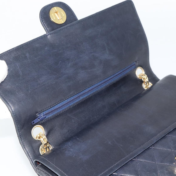 CHANEL Double Flap 25 Matelasse Chain Bag Lamb Skin Navy Gold CC Auth 188549SAV