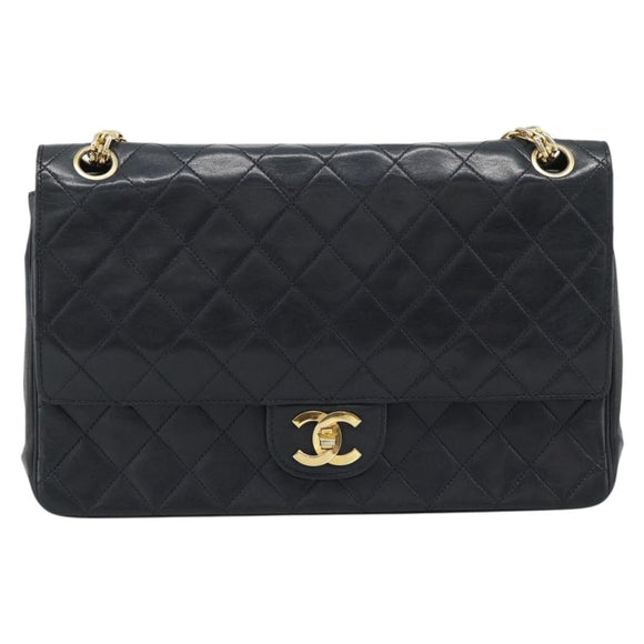 CHANEL Double Flap 25 Matelasse Chain Bag Lamb Skin Navy Gold CC Auth 188549SAV