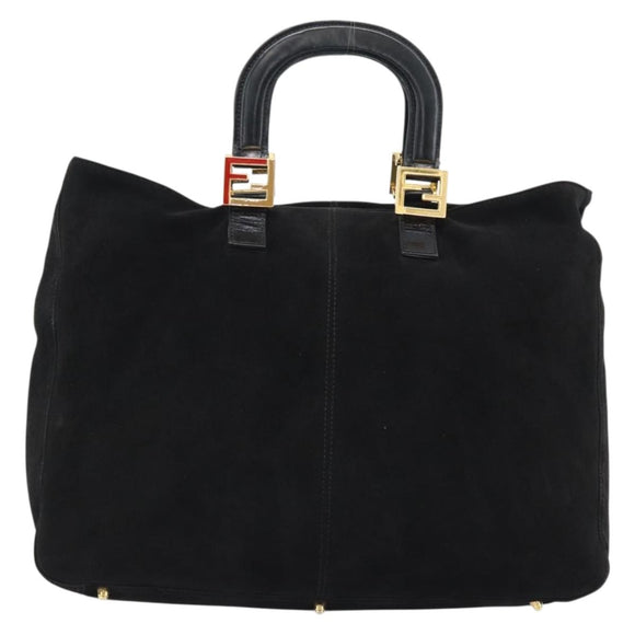 FENDI Hand Bag Suede Black Gold Auth 188554A