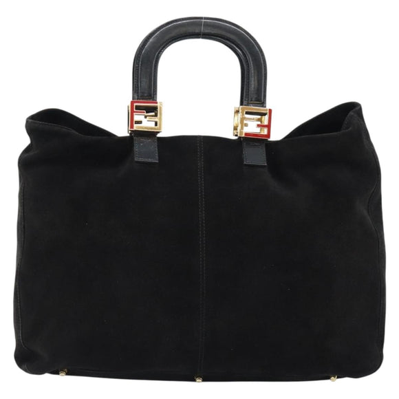 FENDI Hand Bag Suede Black Gold Auth 188554A