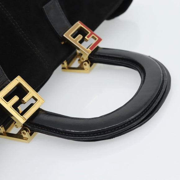 FENDI Hand Bag Suede Black Gold Auth 188554A