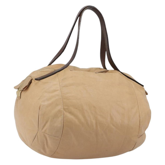 CELINE Hand Bag Leather Beige Gold Auth 188555