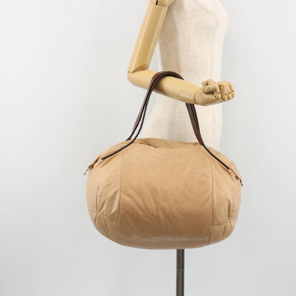 CELINE Hand Bag Leather Beige Gold Auth 188555