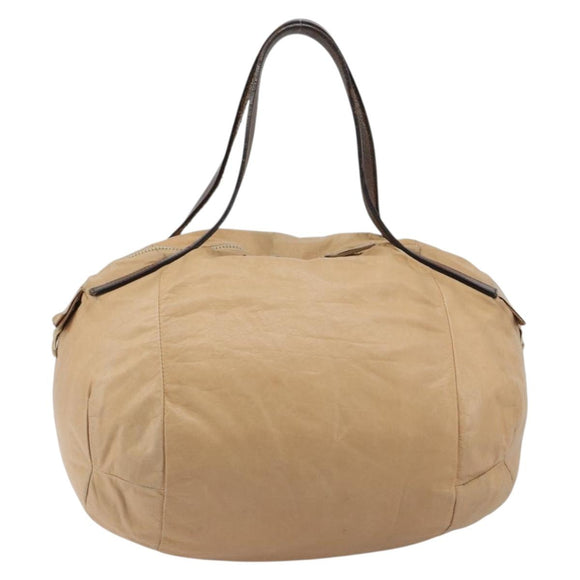 CELINE Hand Bag Leather Beige Gold Auth 188555