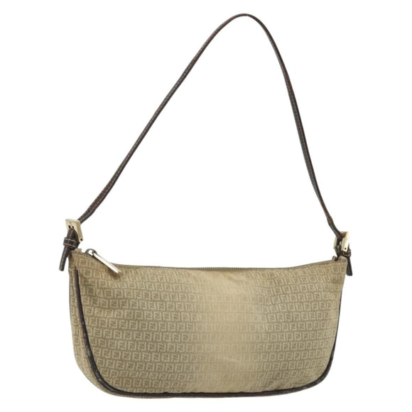 FENDI Zucchino Canvas Hand Pouch Beige Gold Auth 188611A