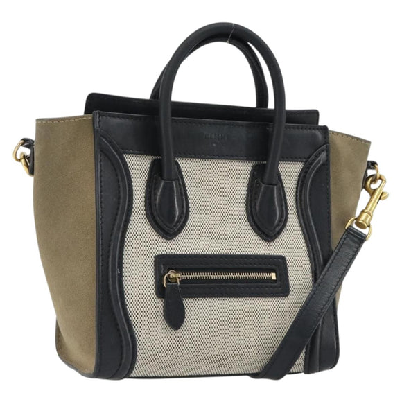 CELINE Luggage Nano Shopper Hand Bag Canvas Leather 2way Gray Gold Auth 188633A