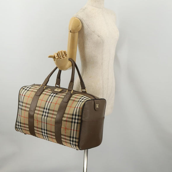 Burberrys Nova Check Boston Bag Canvas Beige Gold Auth 188634