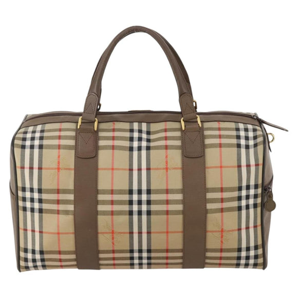 Burberrys Nova Check Boston Bag Canvas Beige Gold Auth 188634