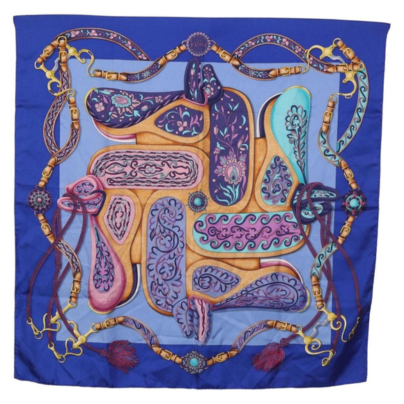 HERMES Carre 90 Scarf Silk ""H d ORIGNY"" Blue Auth 188636M