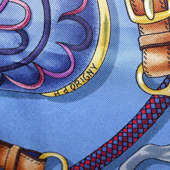 HERMES Carre 90 Scarf Silk ""H d ORIGNY"" Blue Auth 188636M