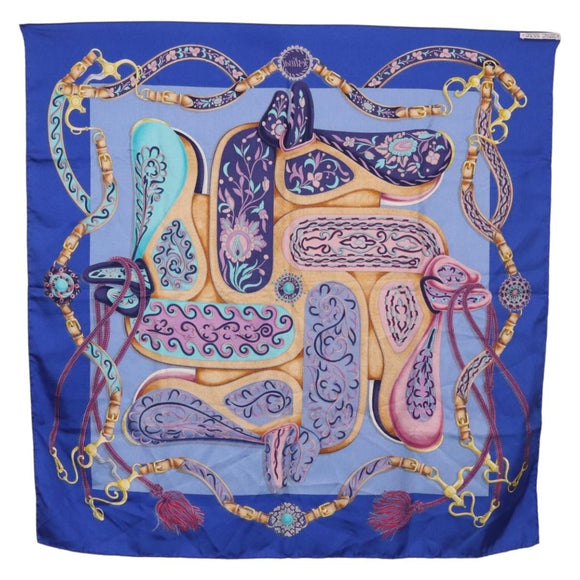 HERMES Carre 90 Scarf Silk ""H d ORIGNY"" Blue Auth 188636M