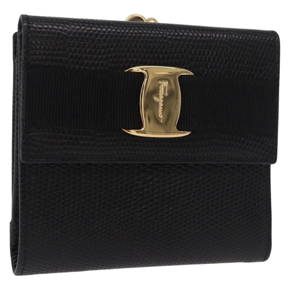 Salvatore Ferragamo Vala Long Wallet Leather Black Gold Auth 188659A