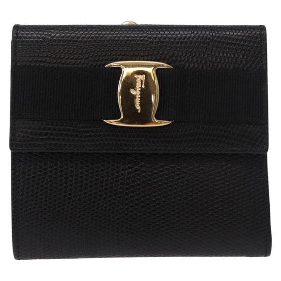 Salvatore Ferragamo Vala Long Wallet Leather Black Gold Auth 188659A