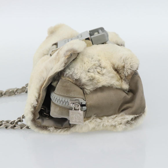 CHANEL Sports Line Chain Shoulder Bag Fur Gray Silver CC Auth 188719