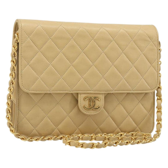 CHANEL Matelasse Chain Shoulder Bag Lamb Skin Beige Gold CC Auth 188721