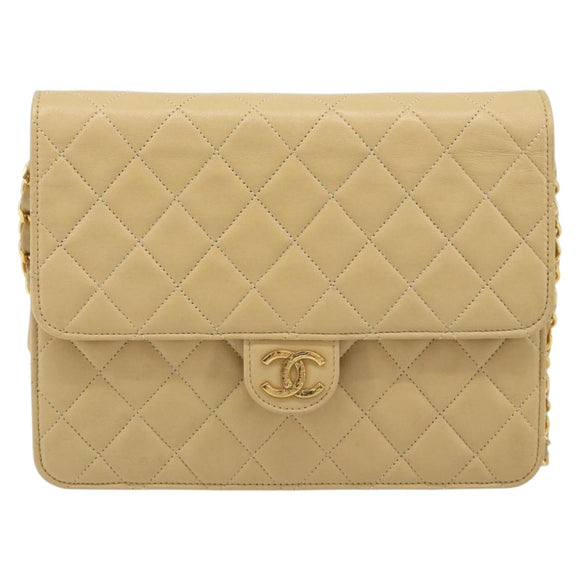 CHANEL Matelasse Chain Shoulder Bag Lamb Skin Beige Gold CC Auth 188721