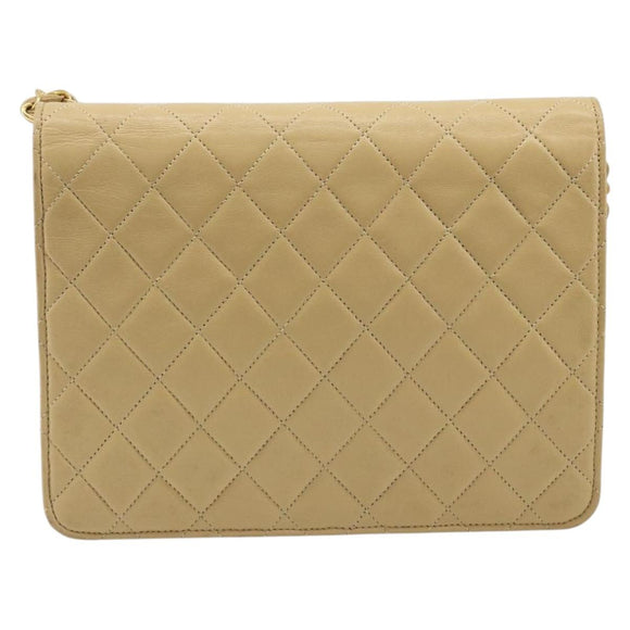 CHANEL Matelasse Chain Shoulder Bag Lamb Skin Beige Gold CC Auth 188721