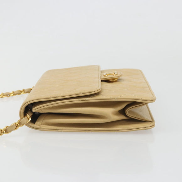 CHANEL Matelasse Chain Shoulder Bag Lamb Skin Beige Gold CC Auth 188721
