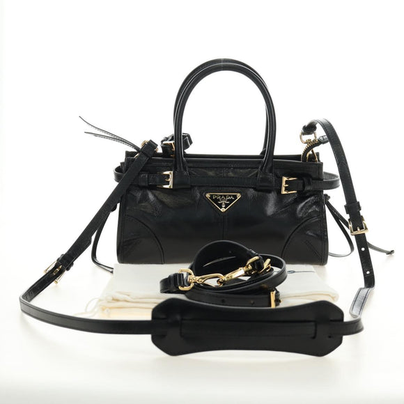 PRADA Bonnie Mini Hand Bag Leather 2way Black Gold Auth 188724SM