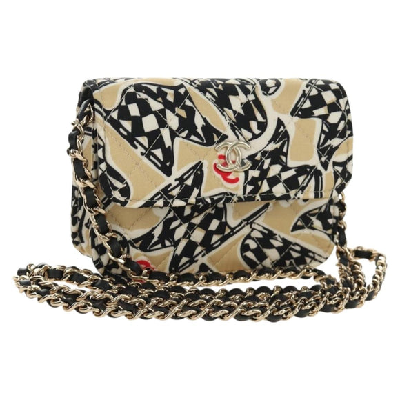 CHANEL Mini Matelasse Chain Shoulder Pouch Satin Beige Silver CC Auth 188736M