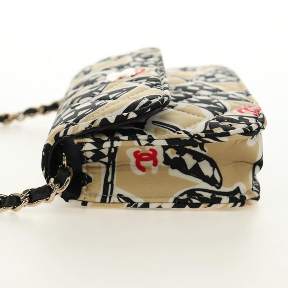 CHANEL Mini Matelasse Chain Shoulder Pouch Satin Beige Silver CC Auth 188736M