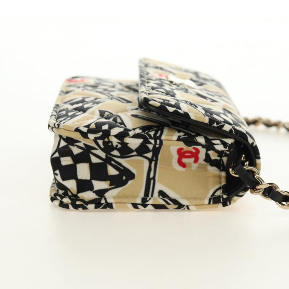 CHANEL Mini Matelasse Chain Shoulder Pouch Satin Beige Silver CC Auth 188736M