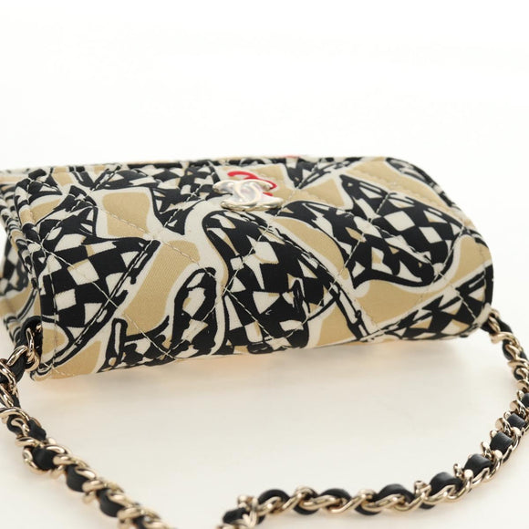 CHANEL Mini Matelasse Chain Shoulder Pouch Satin Beige Silver CC Auth 188736M